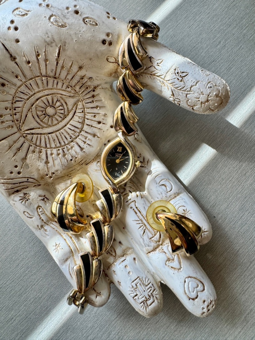 Vintage Citizen Gold Tone Watch Set Black Enamel + Earrings